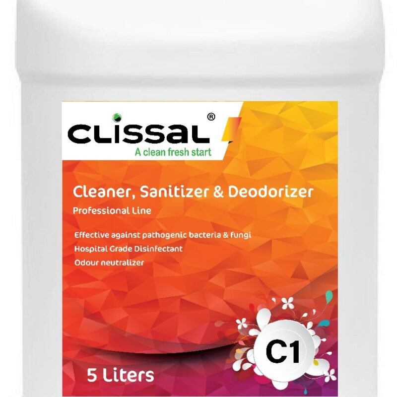 Bottle of Clissal C1, a hospital-grade cleaner and sanitizer concentrate, EPA-approved for use against drug-resistant bacteria in healthcare facilities.
