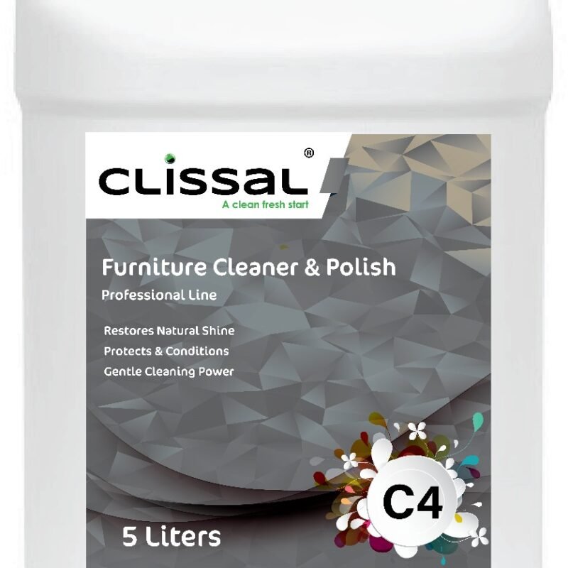 Spray bottle of Clissal C4, a multi-surface furniture polish and protectant that is silicone-free and offers UV protection.