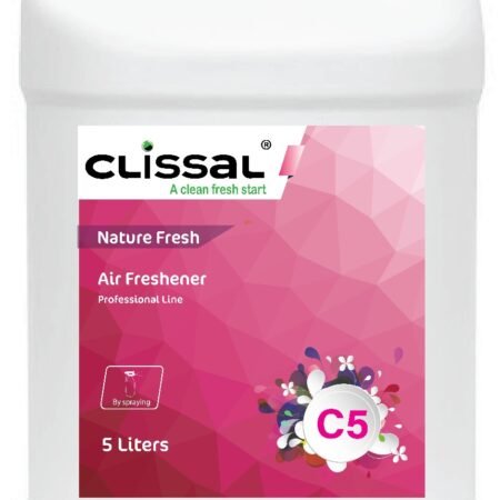 Container of Clissal C5, a commercial air freshener with a slow-release formula, safe for HVAC systems and automated dispensers.
