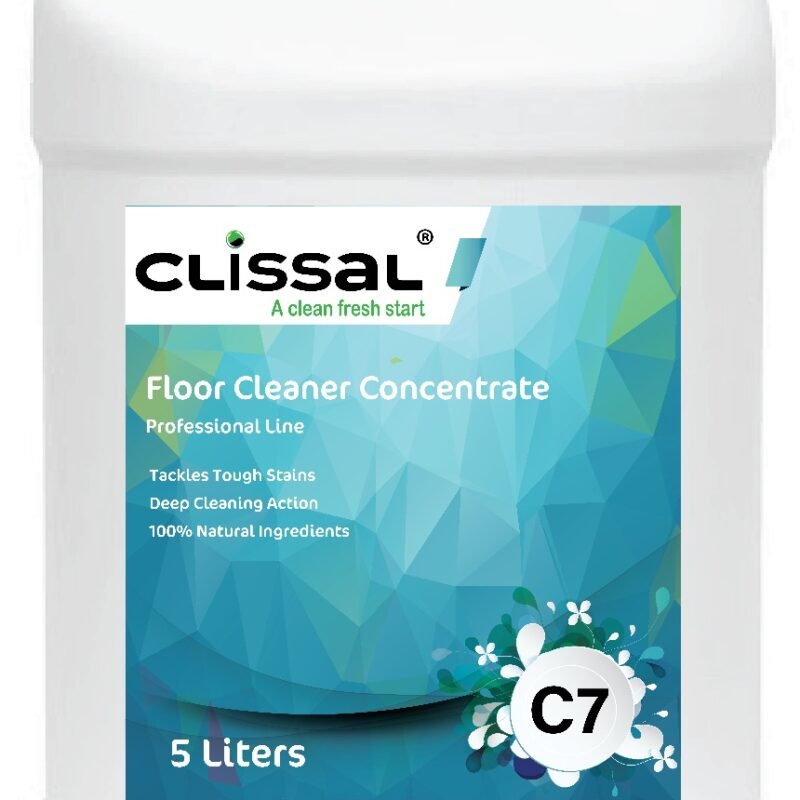 Container of Clissal C7, an industrial-grade floor cleaner concentrate with Soil-Lock Technology, suitable for auto-scrubbing machines.