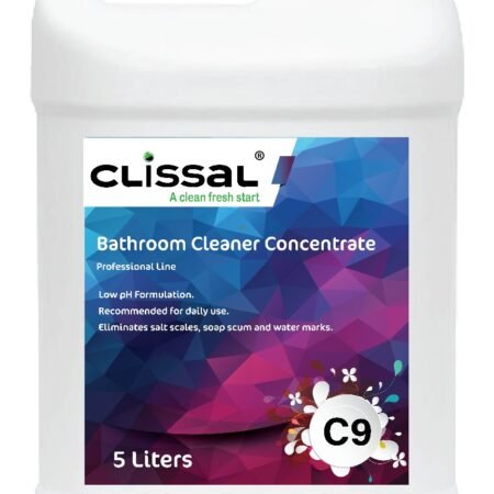 Bottle of Clissal C9, a professional bathroom cleaner concentrate formulated with organic acids to remove hard water stains and limescale.