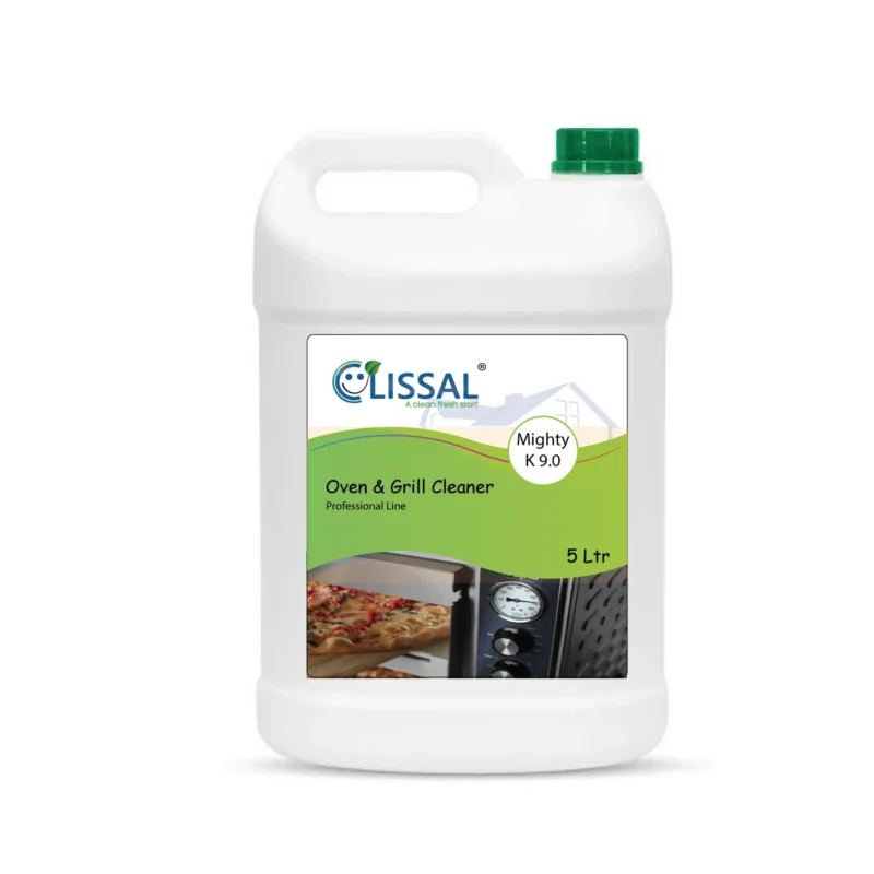 Bottle of Clissal Mighty K9, an ultra-concentrated grill and oven cleaner for commercial kitchens, safe for use in food zones.
