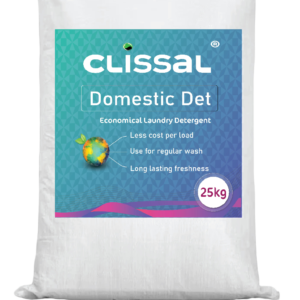 Packaging for Domestic Det, an economical laundry detergent powder with a bleach-free formula, suitable for top and front loading washing machines.