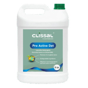 Bottle of Pro Active Det, a premium phosphate-free liquid laundry detergent with a photocatalytic system, safe for all fabrics and provides a long-lasting fragrance.