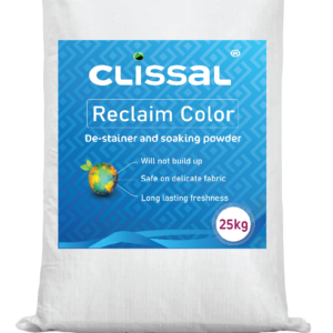 Container of Reclaim Color, a soaking powder with oxygen bleach used to destain colored laundry and kitchen crockery and cutlery.