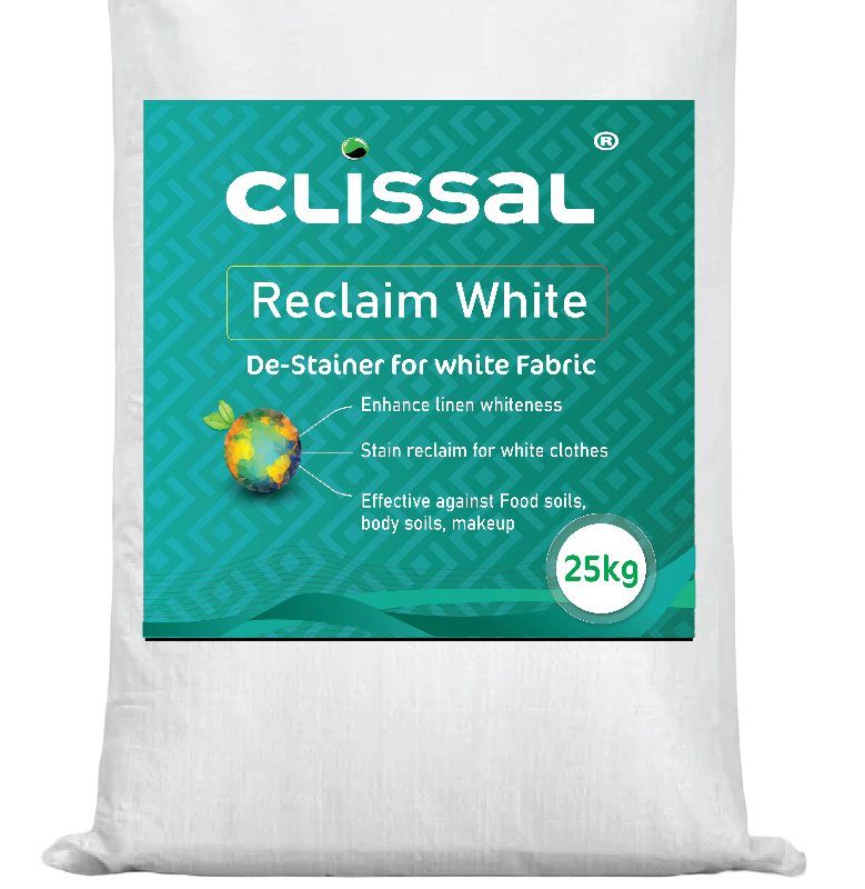 Container of Reclaim White, a fabric destainer with a slow-releasing bleach agent for removing stubborn food and body soil stains from white linen.