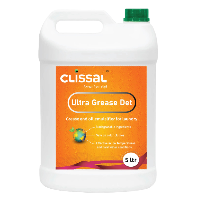 Container of Ultra Grease Det, a specialized oil and grease emulsifier for commercial laundries to remove massage oils, food grease, and motor oil from linen and towels.