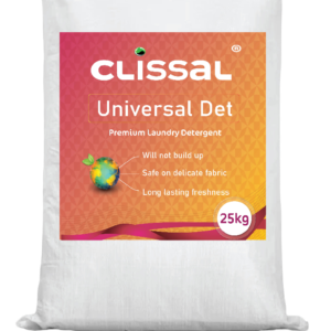 Packaging for Universal Det premium laundry detergent, highlighting its formula with oxygen bleach and enzymes