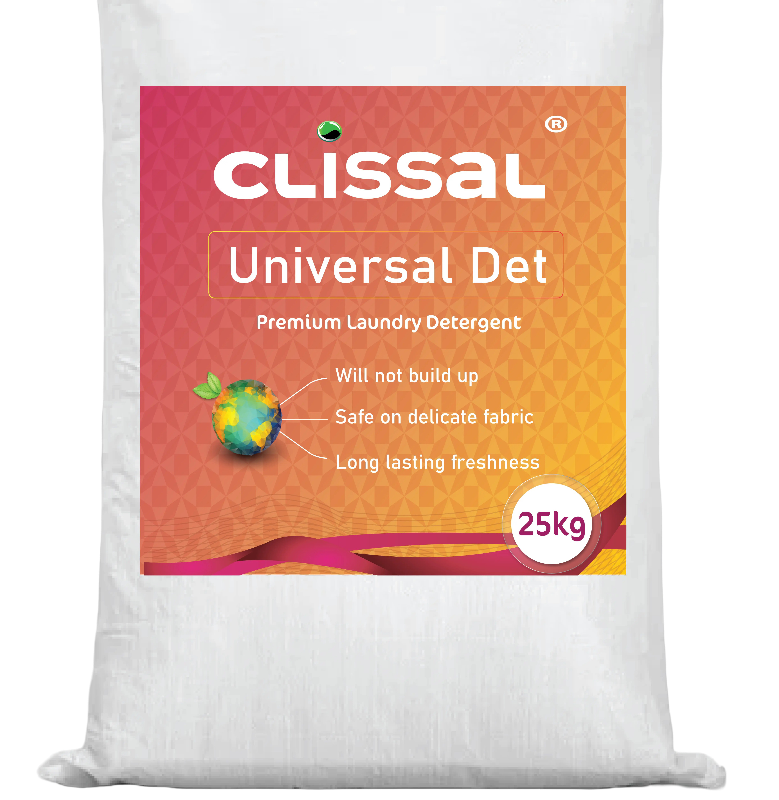 Packaging for Universal Det premium laundry detergent, highlighting its formula with oxygen bleach and enzymes