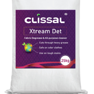 25 Kgs HDPE bag of Clissal Xtream Det heavy-duty industrial laundry detergent powder.