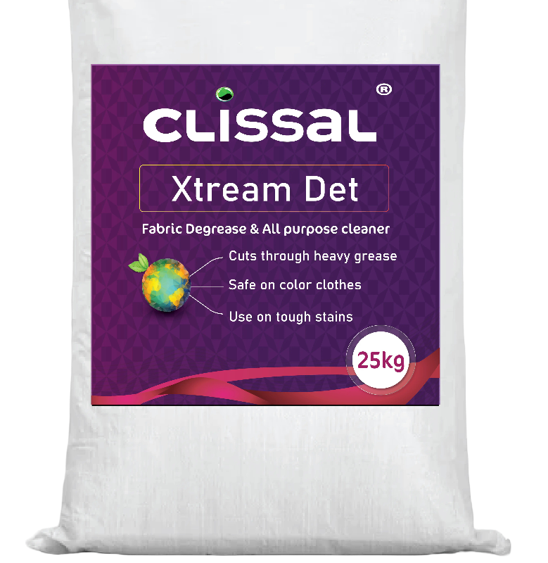 25 Kgs HDPE bag of Clissal Xtream Det heavy-duty industrial laundry detergent powder.